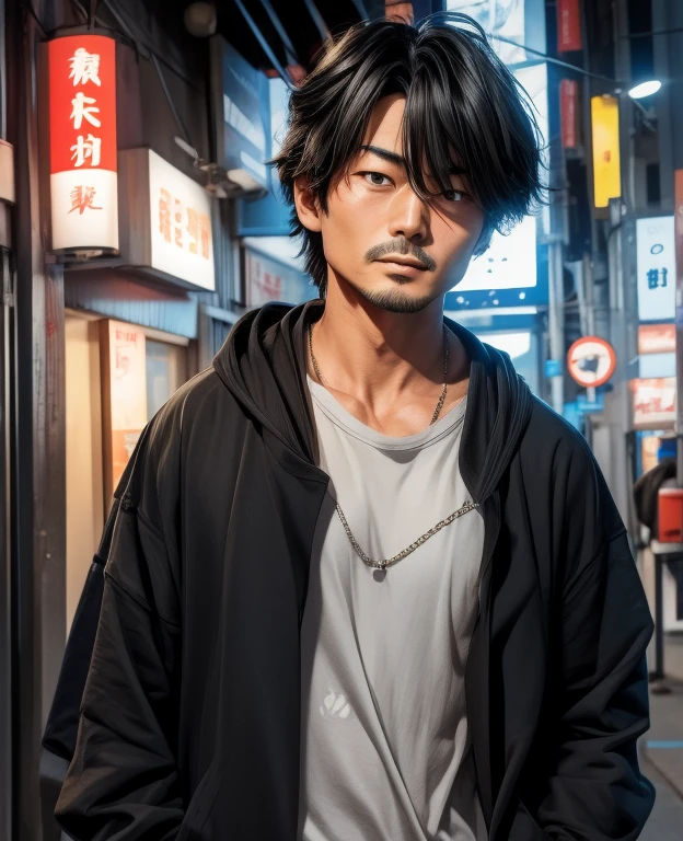 "A 40-year-old Japanese man with an average face, not unattractive but not overly handsome either. He has a slim build and black hair. He is wearing a stylish gray zip-up hoodie with English text on it, and underneath, a fashionable T-shirt. The image is taken from the front, and his appearance reflects someone who might have been a bit wild in his younger days."