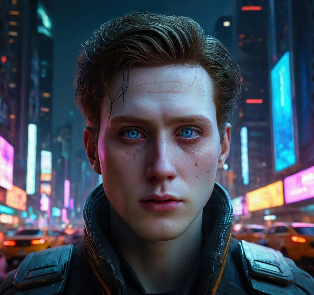 (((ultra realistic))) Photo, masterpiece, top quality, (pale skin), (Ultra detailed face and eyes:1.3), 1 man, a lone gunman in a futuristic cyberpunk city, detailed cinematic lighting, dramatic atmosphere, dark sinister cityscape, neon glowing lights, high tech skyscrapers, moody colors, cinematic composition, hyper-realistic, ultra-detailed, 8k, photorealistic, award winning artwork, masterpiece, 