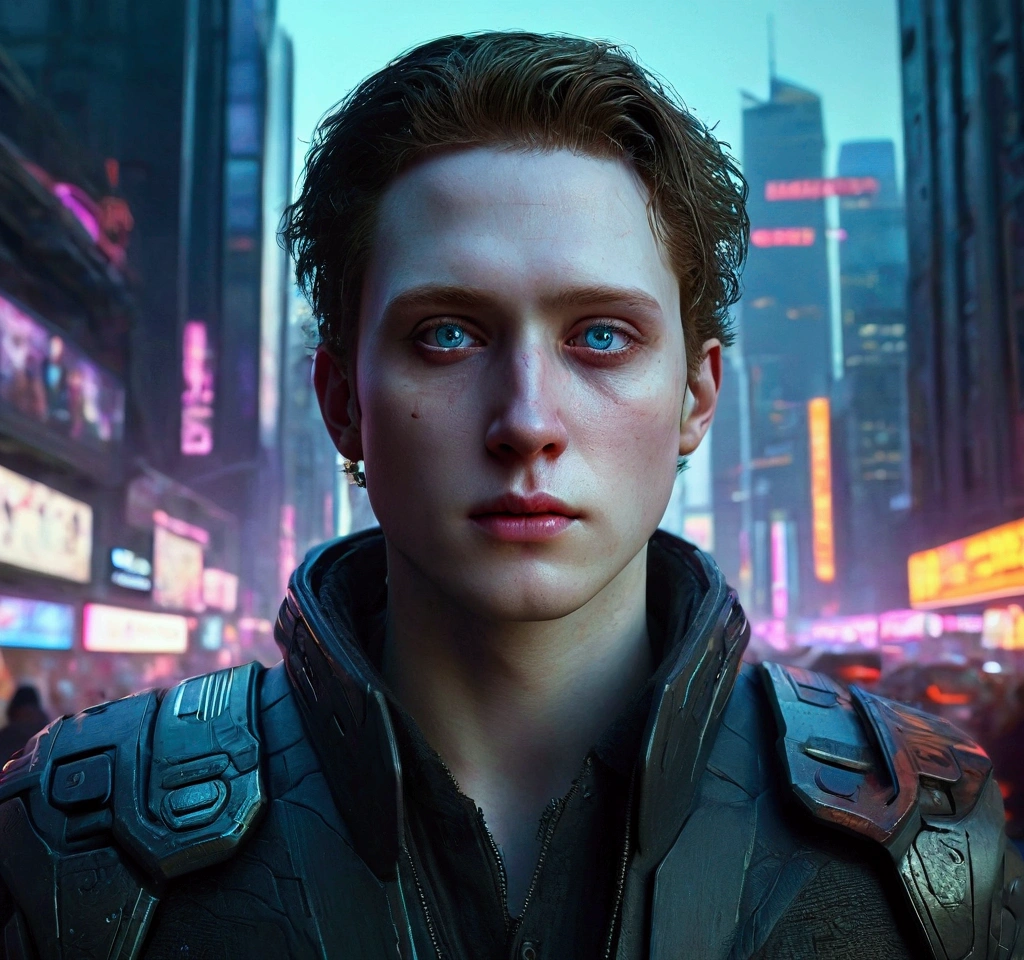 (((ultra realistic))) Photo, masterpiece, top quality, (pale skin), (Ultra detailed face and eyes:1.3), 1 man, a lone gunman in a futuristic cyberpunk city, detailed cinematic lighting, dramatic atmosphere, dark sinister cityscape, neon glowing lights, high tech skyscrapers, moody colors, cinematic composition, hyper-realistic, ultra-detailed, 8k, photorealistic, award winning artwork, masterpiece, 