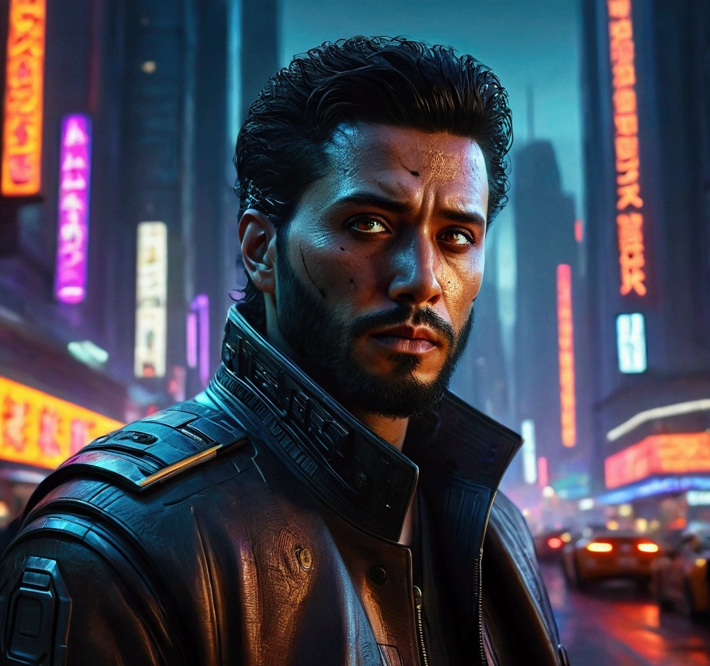 (((ultra realistic))) Photo, masterpiece, top quality, (Ultra detailed face and eyes), 1 man, a lone gunman in a futuristic cyberpunk city, detailed cinematic lighting, dramatic atmosphere, dark sinister cityscape, neon glowing lights, high tech skyscrapers, moody colors, cinematic composition, hyper-realistic, ultra-detailed, 8k, photorealistic, award winning artwork, masterpiece, 