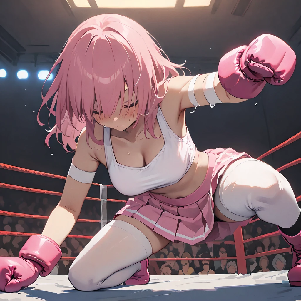 Nobody,(masterpiece, Highest quality:1.2), One person, alone、(((Pink boxing gloves:1.8)))、Boxing Gym、Boxing Ring、Pink tank top、Pink pants、Pink boots、Dynamic effect lines、Many sweat drops flying and scattering、Audience cheering