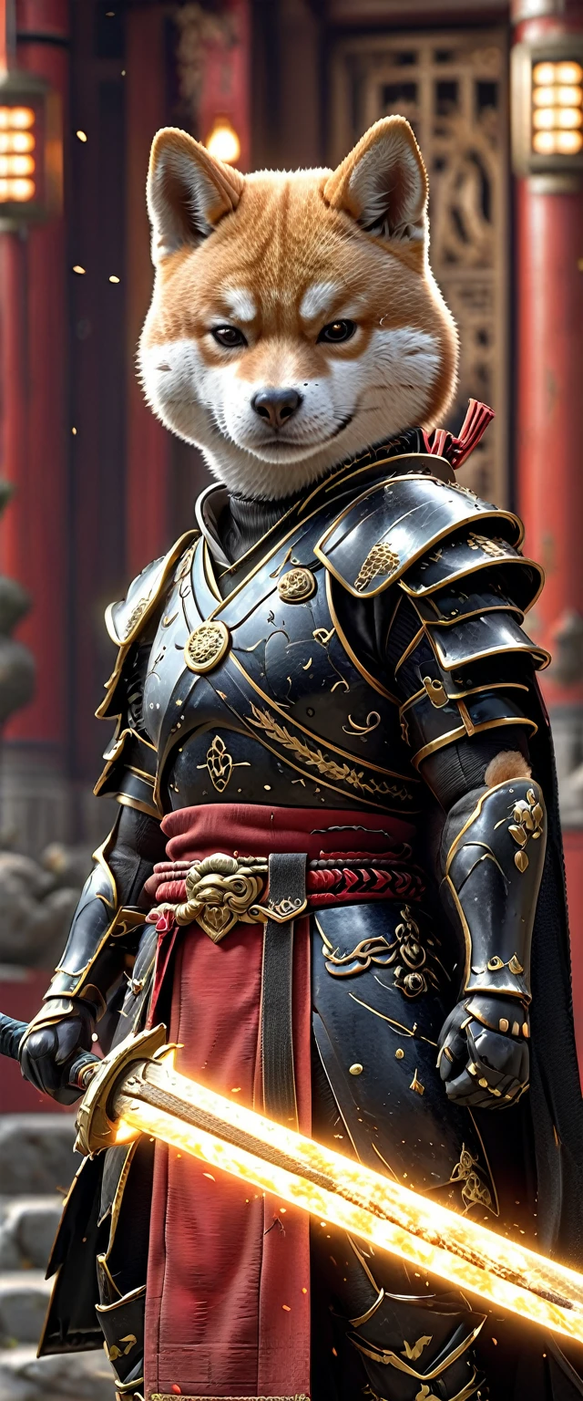 Shiba Inu Samurai,whole body, He has a Japanese sword charged with lightning., Wearing black armor and hakama haori, Japanese temple background, High resolution, masterpiece, Highest quality, Very detailed, Very detailed, Ultra-realistic,
 Japan style, 3D Fluffy, Cute and adorable close-ups, Cute big round reflective eyes, Long fuzzy fur, Pixar Rendering, unreal engine Cinematic smooth, Exquisite detail, Cinematic