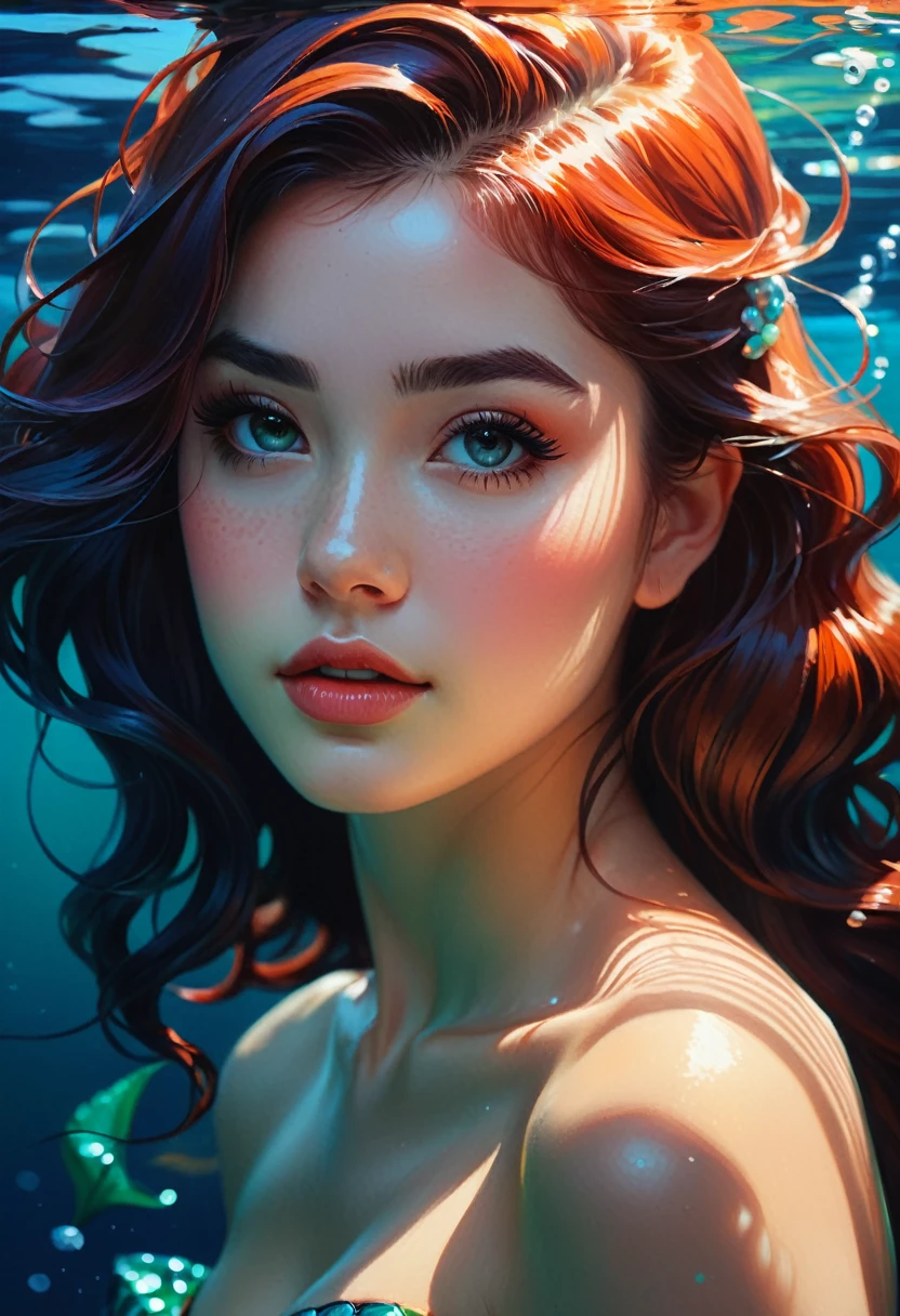 Oil painting style, Portrait of Elizaton as a mermaid , Realistic Shading, fine details. Night setting. Very anime style. Realistic shaded lighting poster by Ilya Kuvshinov katsuhiro, Magalie Villeneuve, art manure, Jeremy Lipkin and Michael Gamache, Rob Rey and Kentar Miura style, Trends at Art Station