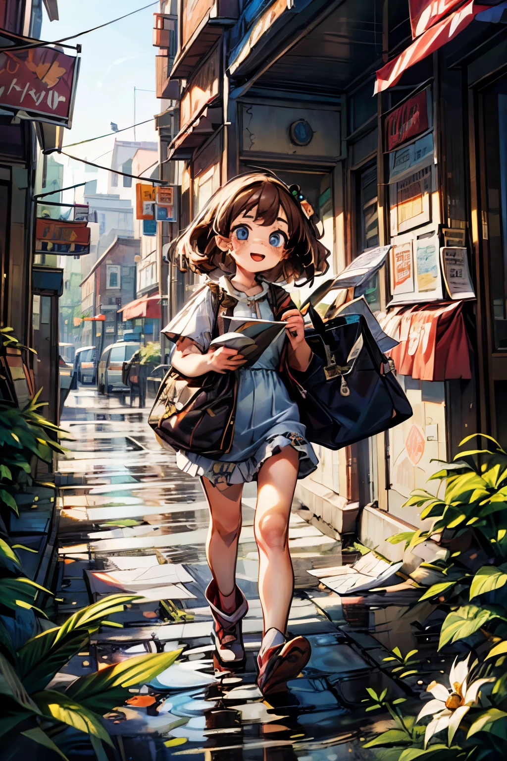 masterpiece, 4k, detailed, extreme detailed, hd,girl,smile face,outdoor,brown hair,blue eyes,town,handing you a paper