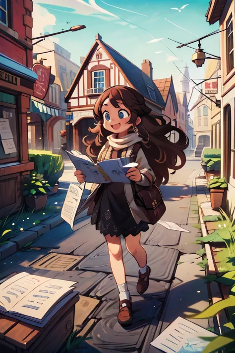 masterpiece, 4k, detailed, extreme detailed, hd,girl,smile face,outdoor,brown hair,blue eyes,town,handing you a paper,long hair,