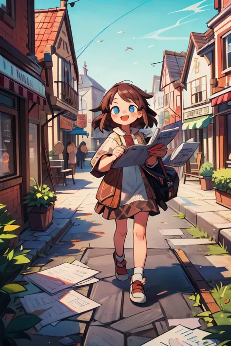 masterpiece, 4k, detailed, extreme detailed, hd,girl,smile face,outdoor,brown hair,blue eyes,town,handing you a paper