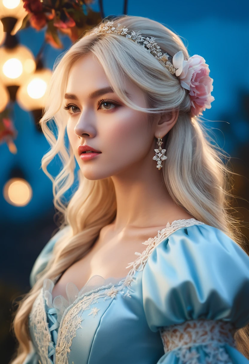 Oil painting style, mysterious and beautiful landscape with stars, flowers, natural light, light and brightness. Glossy rich platinum blonde_straight long hair, pastel sky blue costume_lace puff sleeves, detailed details, (Best quality, 4K, 8K, High resolution, Masterpiece: 1.2), (Upper body close-up angle), (Highly detailed, Realistic: 1.37), The film is composed of soft lighting, dramatic mood lighting, vivid colors, dreamy, subtle magic, detailed, quiet, fragile, elegant, cinematic, dramatic, great composition.