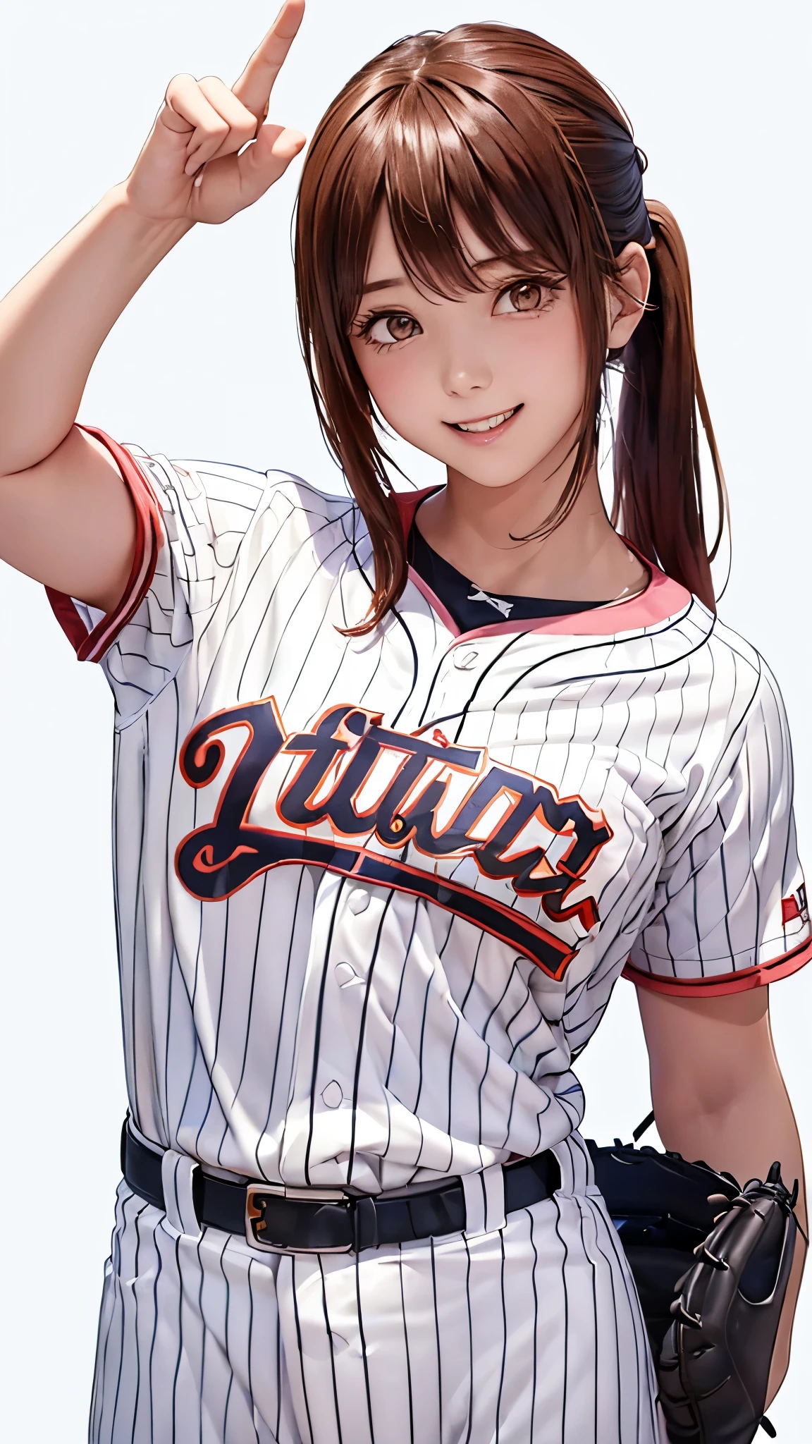 (((Cowboy Shot、female solo shot、oil、Pure white wall background、masterpiece、Highest quality、High resolution)))、Redhead、Side ponytail hair、(((Baseball uniformを着ています)))、(((Black and pink uniform)))、Fashionable hairstyles、Red cheeks、((No shadow、Frame In))、Cute Face、((Small breasts))、Laughing、Smiling face、Teeth are visible、((The index finger is pointing upwards))、(((Baseball uniform)))、