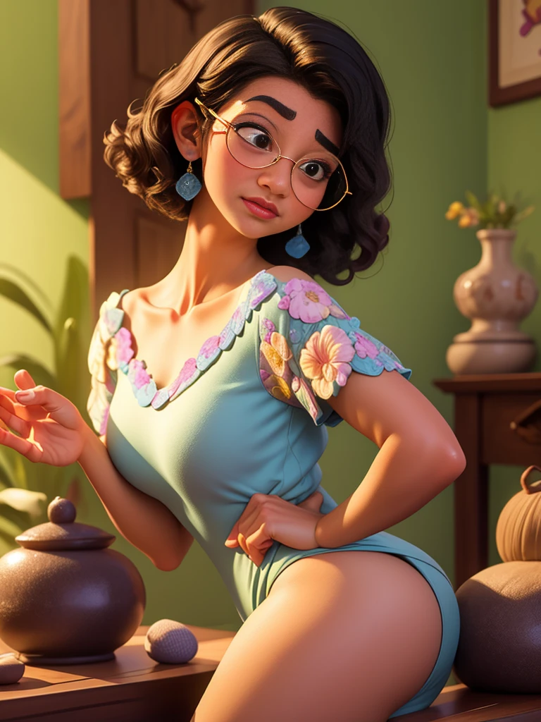 (((Mirabelle Madrigal from Disney Enchantment))),  perfect hands, perfect face, (((symmetrical face))), soft smile, (((short hair))), perfect skin, toned skin, (((Traditional interior of a massage parlor))), cum on face, naked tits, holds penis in hand takes it in mouth., (((split))),big saggy natural , Sexy round butt shaped like a teardrop, Various Sexy Poses 