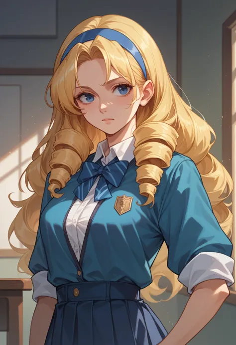 cecilia alcott, long hair, blue eyes, blonde hair, hairband, drill hair, blue hairband,(best quality,master details), school uni...