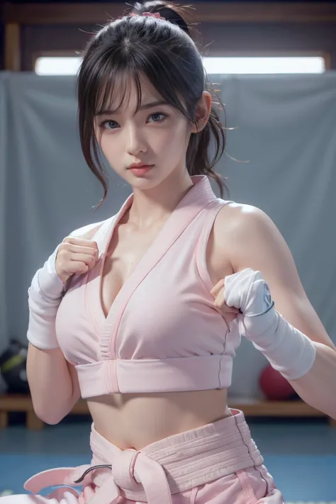 (i can see a sports bra)、(((sexy pink karate uniform)))、female karateka with bangs and ponytail、belly button and lower chest are...