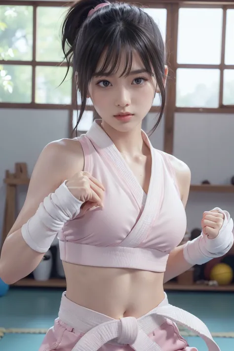 (i can see a sports bra)、(((sexy pink karate uniform)))、female karateka with bangs and ponytail、belly button and lower chest are...