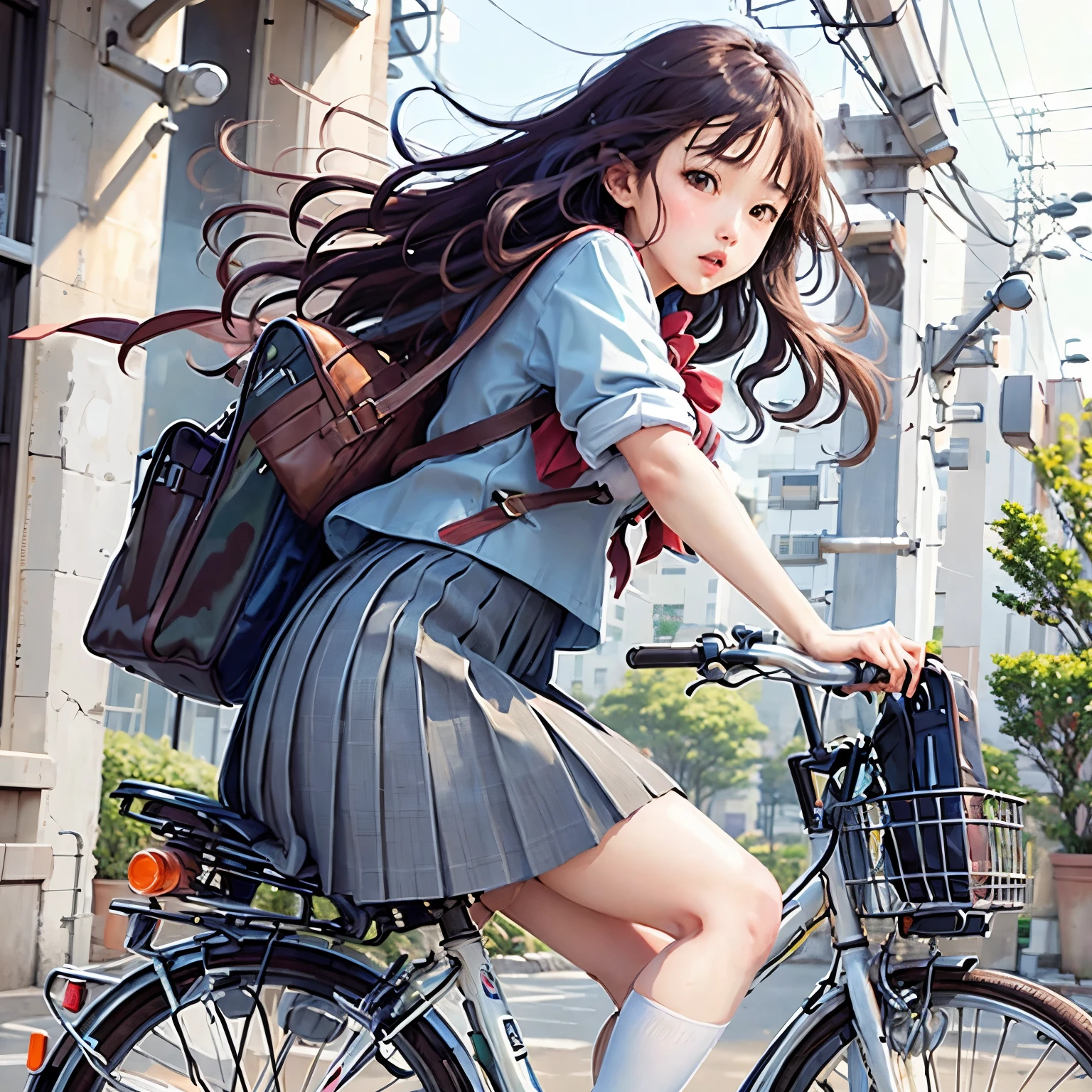 (masterpiece, Highest quality:1.2), reality、One person riding a bicycle, alone、high school girl、uniform、(from the front)、Blank Background、White Background、