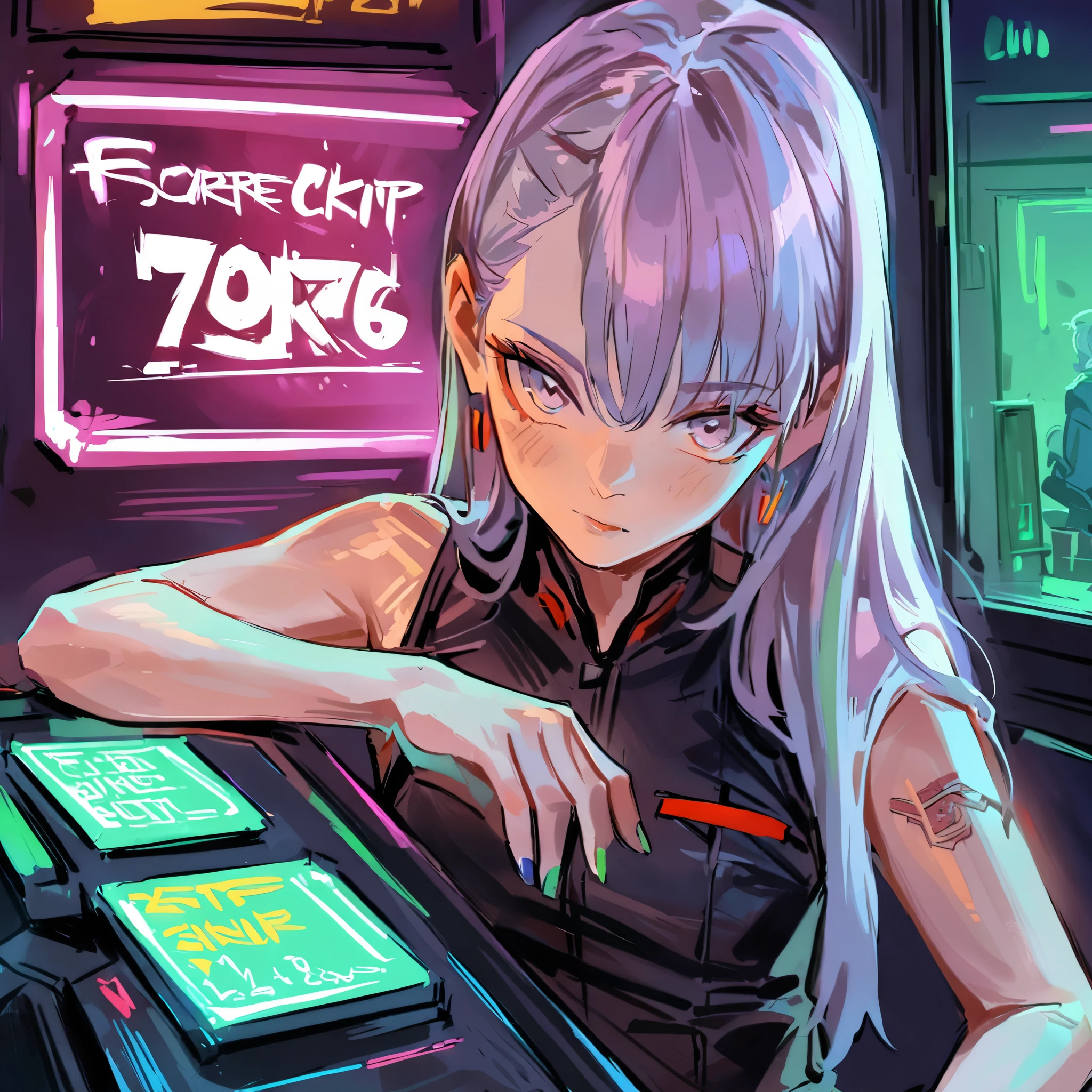 score_9, score_8_up, score_7_up, score_6_up, score_5_up, score_4_up, fkey70, (masterpiece, detailed, high resolution:1.4), cyberpunk, cyberpunk 2077, cyberpunk night city neon background, in the club, behind the bar, metal cybernetic silver hand in the foreground in the frame, green-blue glitch effect around the arm, purple-pink neon glow, Lucy, torso, fluorescent yellow, light green, purple, mint