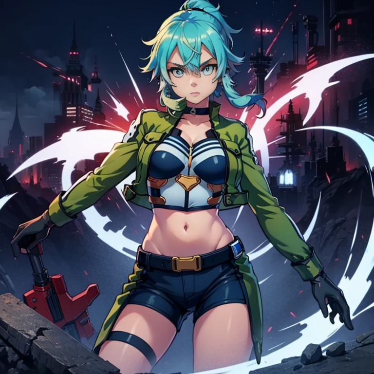 Sinon, masterpiece,, best quality, highres, 1girl, leona heidern, blue hair, gloves, blue eyes, ponytail, boots, shorts, green shorts, midriff, crop top, black gloves, breasts, military uniform, green jacket, combat boots, earrings, jewelry, navel, large breasts, --auto