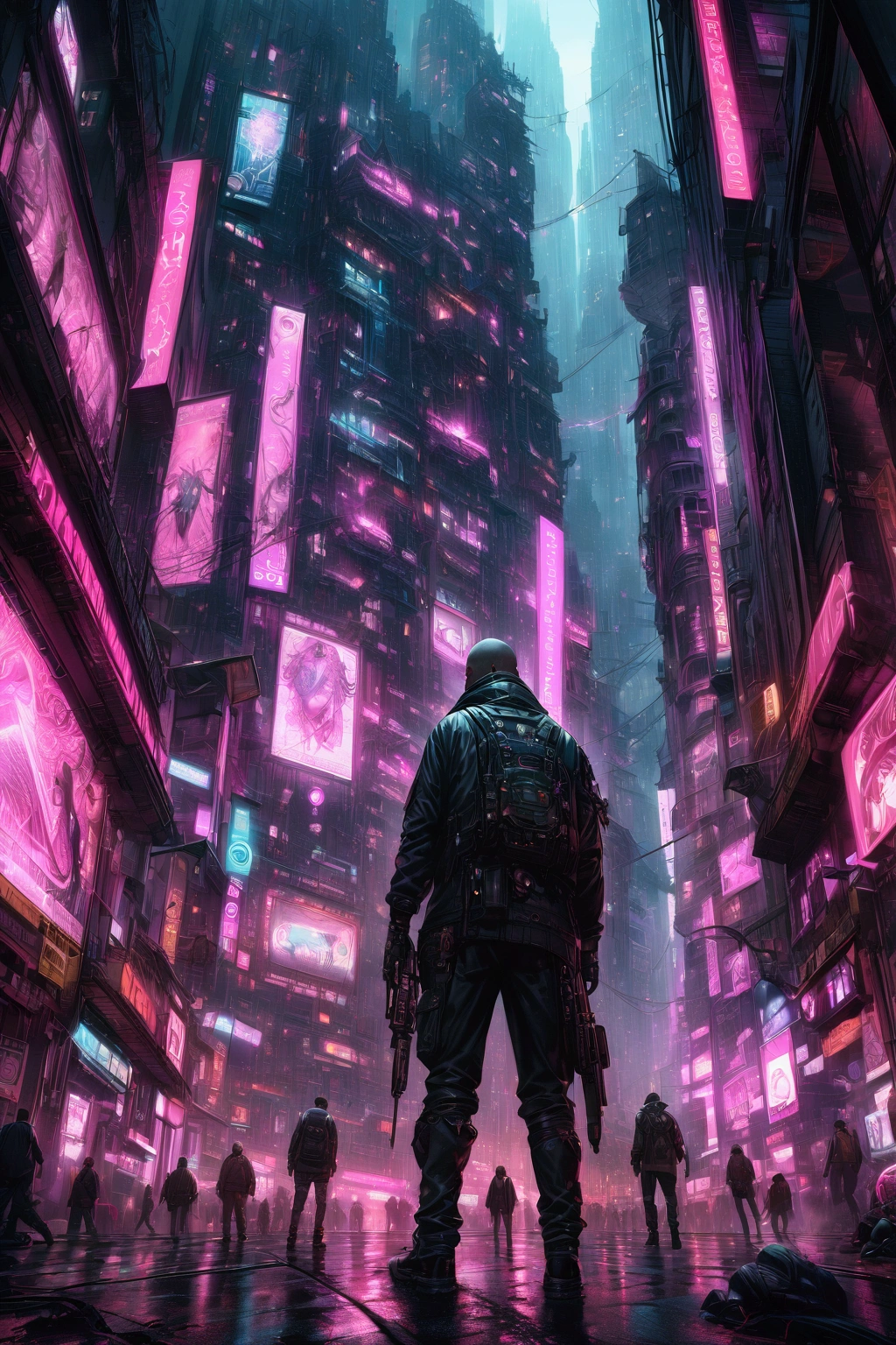 (((ultra realistic))) Photo, masterpiece, top quality, (Ultra detailed face and eyes), 1 man, a lone gunman in a futuristic cyberpunk city, detailed cinematic lighting, dramatic atmosphere, dark sinister cityscape, neon glowing lights, high tech skyscrapers, moody colors, cinematic composition, hyper-realistic, ultra-detailed, 8k, photorealistic, award winning artwork, masterpiece, b1llb0ard, sign, 