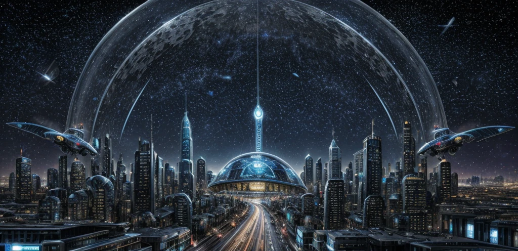 High resolution, high quality, Ultra high definition, Illustration effect for posters and magazines, Future cityscape, Streetscape, Huge transparent dome, Flying Car, Robots and AI, Starry sky and spaceship, Night view,Fantastic fantasy art, In town