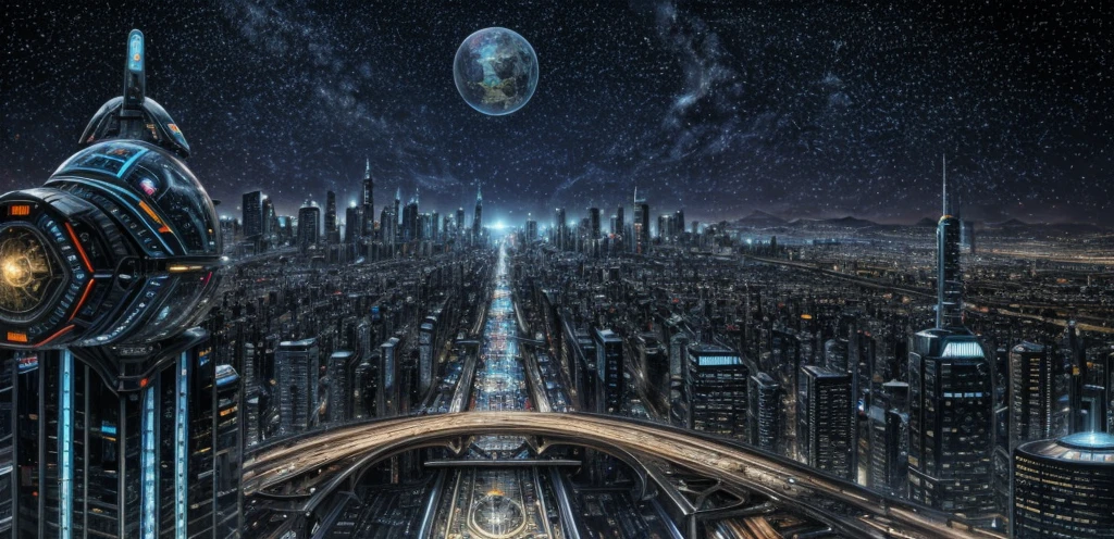 High resolution, high quality, Ultra high definition, Illustration effect for posters and magazines, Future cityscape, Streetscape, Huge transparent dome, Flying Car, Robots and AI, Starry sky and spaceship, Night view,Fantastic fantasy art, In town