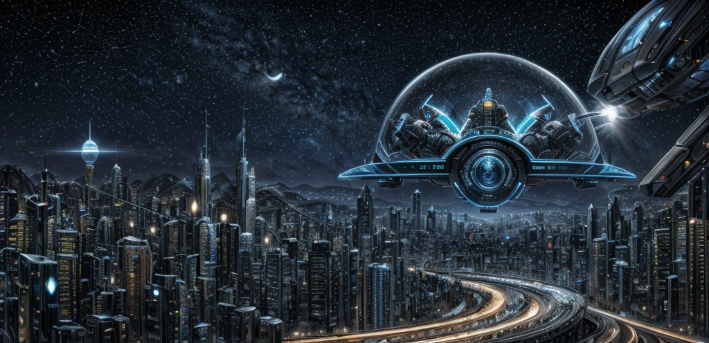 High resolution, high quality, Ultra high definition, Illustration effect for posters and magazines, Future cityscape, Streetscape, Huge transparent dome, Flying Car, Robots and AI, Starry sky and spaceship, Night view,Fantastic fantasy art, In town