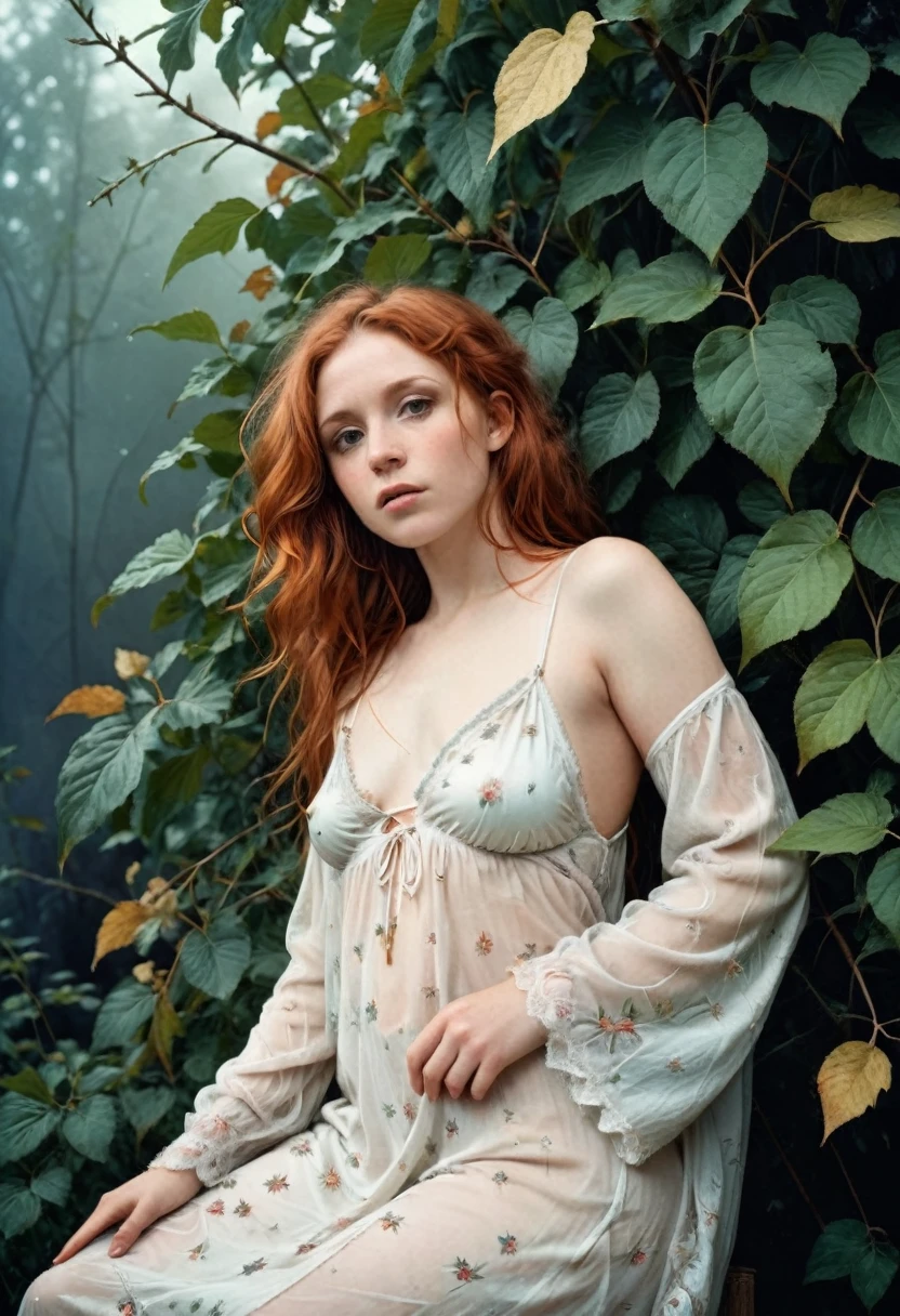 Full portrait, Realistic, Photorealistic, analog photo, Highly detailed, cinematic rendering, Wild Dead Forest, evening, Cute 24-year-old woman, Leaning back in a tree and looking up at the grey cloudy sky, Redhead, Sexy, Dressed in a white tattered nightgown, Black leaves float in the air, Behold, the glittering particles flutter, classical painting composition, Dark gloomy background, An atmosphere of melancholy and sadness, surreal photo, by Alphonse Mucha, detailed perfect face, Melancholic aesthetic, Faded colors, cinematic  composition