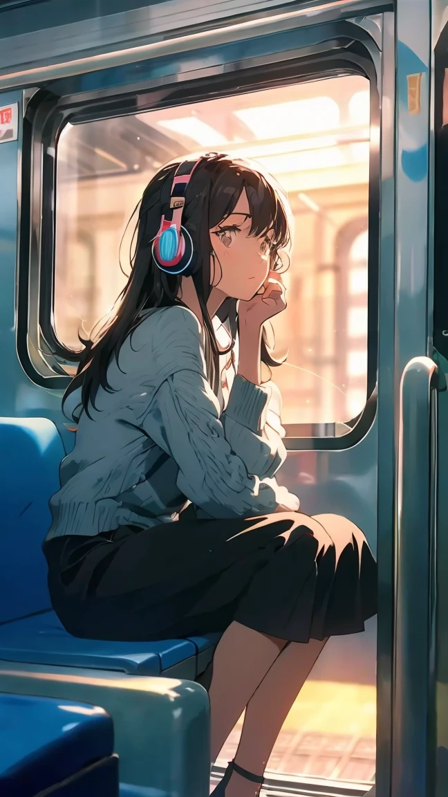 Optimal，masterpiece，High resolution，Highest quality，A beautiful woman gazing out the window from inside a train at night.。Wearing one headphone。It&#39;s night outside。Clothes are hoodies。profile。