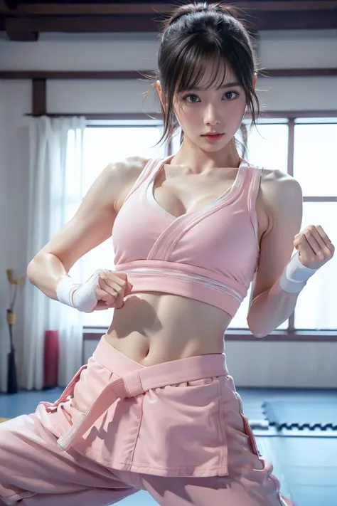 (i can see a sports bra)、(((sexy pink karate uniform)))、a female karateka with bangs and twin tails.、belly button and lower ches...