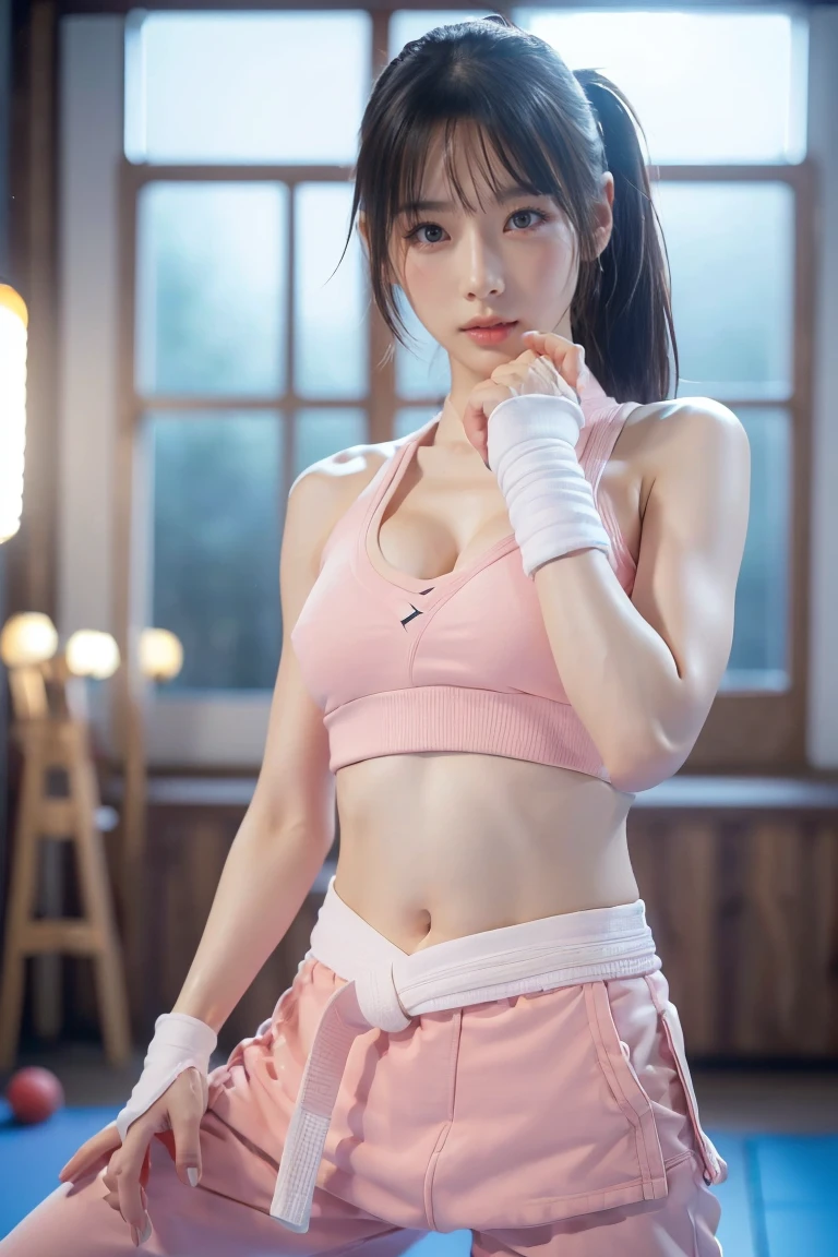 (I can see a sports bra)、(((Sexy pink karate uniform)))、A female karateka with bangs and twin tails.、Belly button and lower chest are visible、shiny skin、((Shy face))、((Turn your face away))、((look to the side))、((Blushed))、(tearful eyes)、cry、(((Karate dojo)))、((Exquisite picture))，(Masterpiece detailed RAW photo:1.25), (best quality:1.6), (Ultra-high resolution:1.5), (actual:1.75), 8K resolution, Canon EOS R5, 50 mm, absurd, Super detailed,movie lighting、((Sports underwear is clearly visible))、(((Pants are taken off)))、