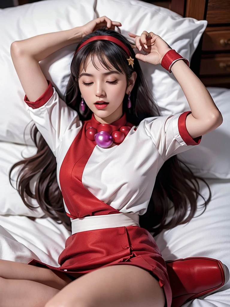 (masterpiece), (best quality), (Very detailed), Intricate details, Perfect anatomical structure, ue5 render, whole body, , Long hair, necklace, earrings, Chest, Wristband,bedroom，big bed, hands on abdomen，双手抓住Chest，White socks，Star Hairpin，Scream，Sleep on your tummy，lie，Close your eyes，My foot is being grabbed by a hand.，Legs up，Red shoes