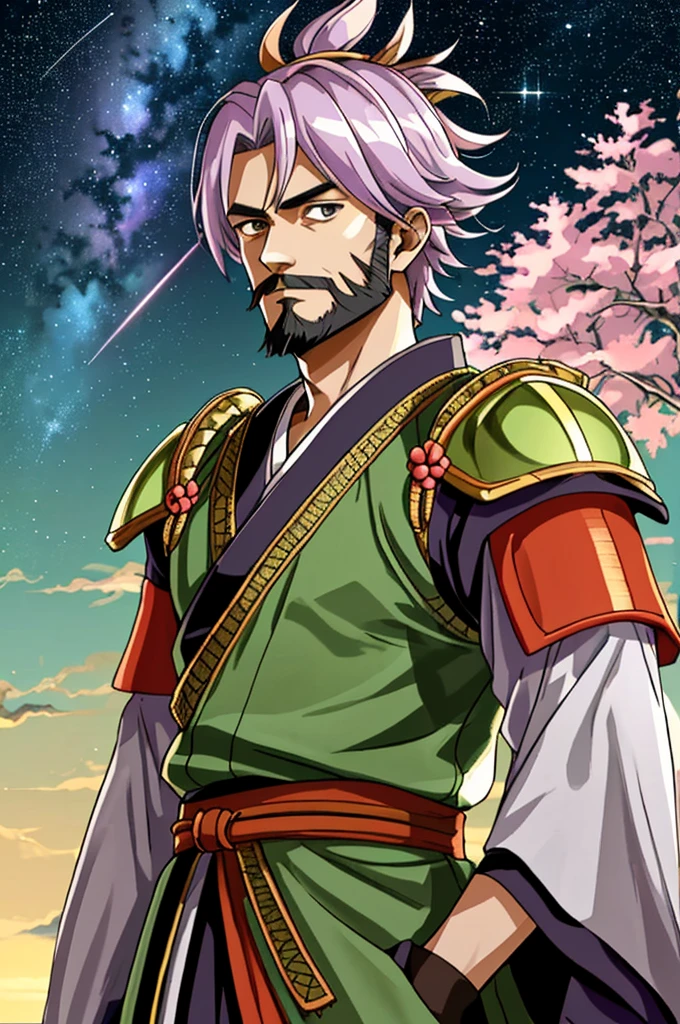 Highest quality, masterpiece, High resolution,，（Toyotomi Hideyoshi），（smug face），Military commander、kimono，One-Valley Mallow-Leaf After-Standing Helmet，（Starry sky and sea_background），Middle-aged men，Bearded，Anime Style, 4K, alone，whole body， looking at the camera, ，（Full Finger）, Hyper Detail, (Intricate details),