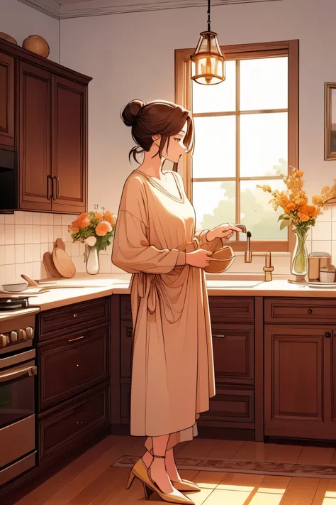 create an anime-style image of a middle-aged woman with her hair tied in a bun, cooking in a cozy, modern kitchen. the scene sho...