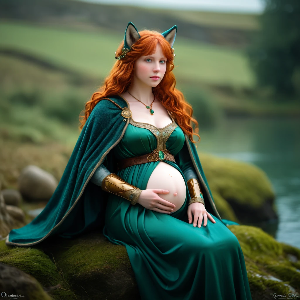 photorrealistic, fully body, a female figure (pregnant woman) with fantastic features. She has emerald green eyes, with red hair longos e lisos. in the head, he has a large ornament in the shape of animal ears (wolf's ears, with red hair) Verdadeira personificação wolf's ears mulhere grávida, wearing a cape, On the back of the head, lavishly decorated. Your eyes are attractive, large and appear to have a bright emerald iris. Her face has refined features and her lips are slightly pursed.. She is sitting on a rock with her knee bent to the side in an elegant, fluid pose., with her hands resting gently on her large belly. Their clothes are detailed and ornate. (medieval style), resembling a light fur coat or an official winter dress, with elements resembling feathers decorating the collar and sides. The background is hazy, with an implied landscape of water or ice, giving the whole image an ethereal and mysterious feel. The character can be interpreted as a warrior from another world or dimension. There is a couple of fairies on your side.