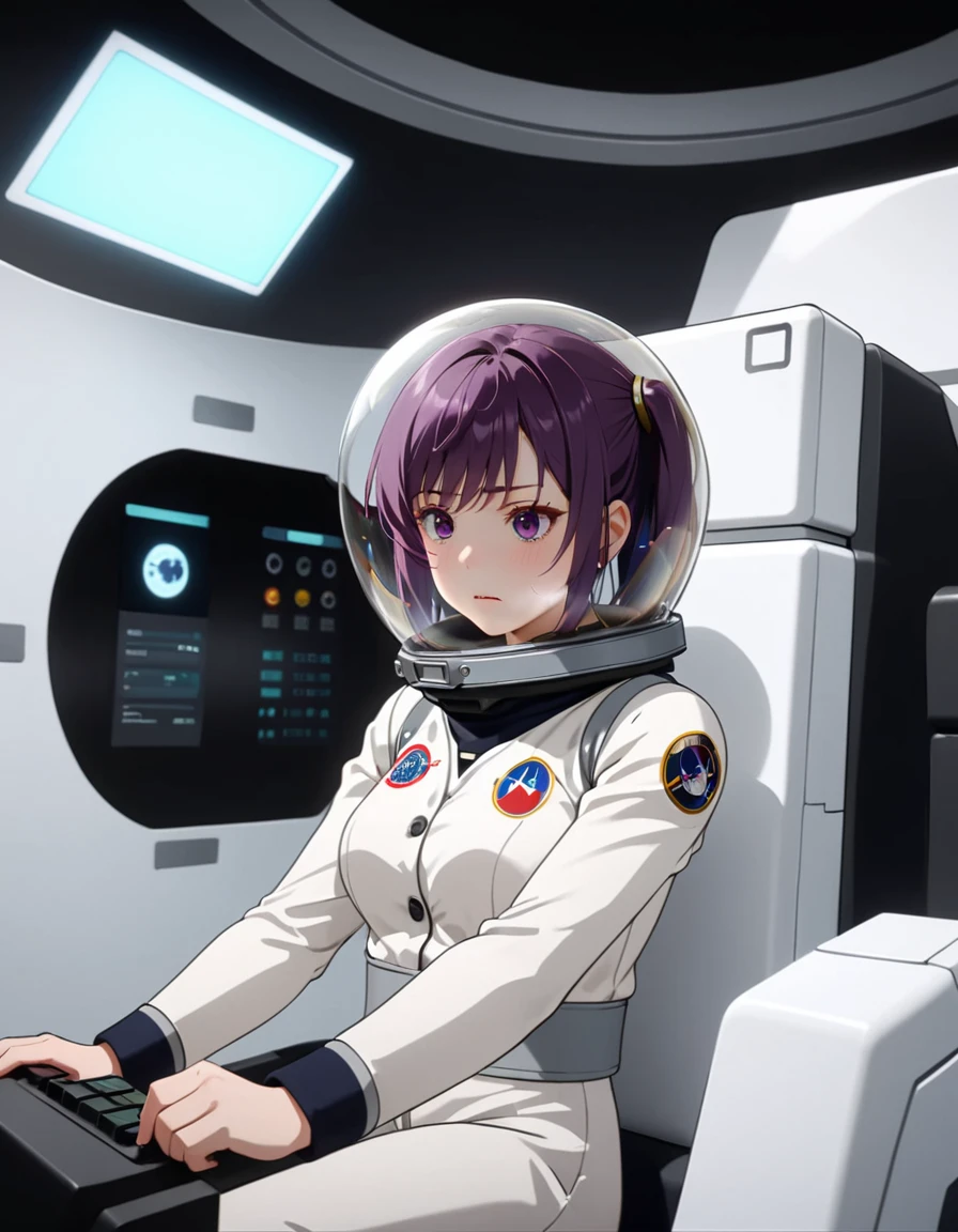 eva helm, spacesuit , astronaut), , hair, bubble helmet, space helmet, (1girl:1.1) wearing a (spacesuit:1.15), white cargo pants, (ugh, wtf do these buttons do:1.3), inside the cockpit of a (futuristic spaceship:1.1), sitting in the captains chair, (intricate control panels:1.3), (gleaming metal:1.1), surrounded by many buttons and dials and gauges, (confused:1.3), (worried expression:1.1), (nervous:1.1), concerned, beautiful 8k wallpaper, highly advanced, (sleek design:1.3), intricate, highres, superb, 8k wallpaper, extremely detailed, intricate,  above, keqing