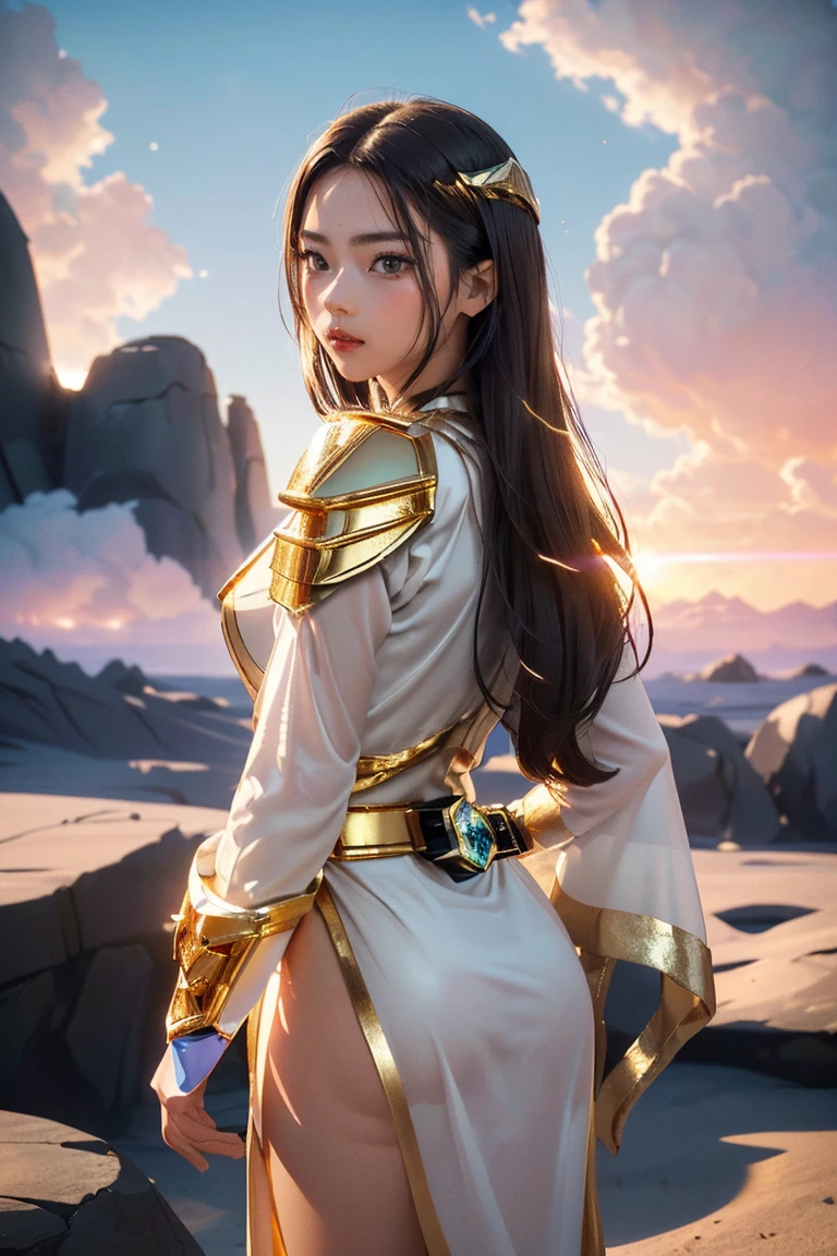 ((masterpiece, best quality, extremely detailed), volumetric lighting, ambient occlusion, colorful, glowing), 1girl, solo, young girl, (dark hair), long hair, halo, aura, sacred, goddess, cleric suit, (power ranger with gold detailst:1.3), seethrough robe, outdoors, sunset, sky, clouds, space, (fantasy theme:1.2),