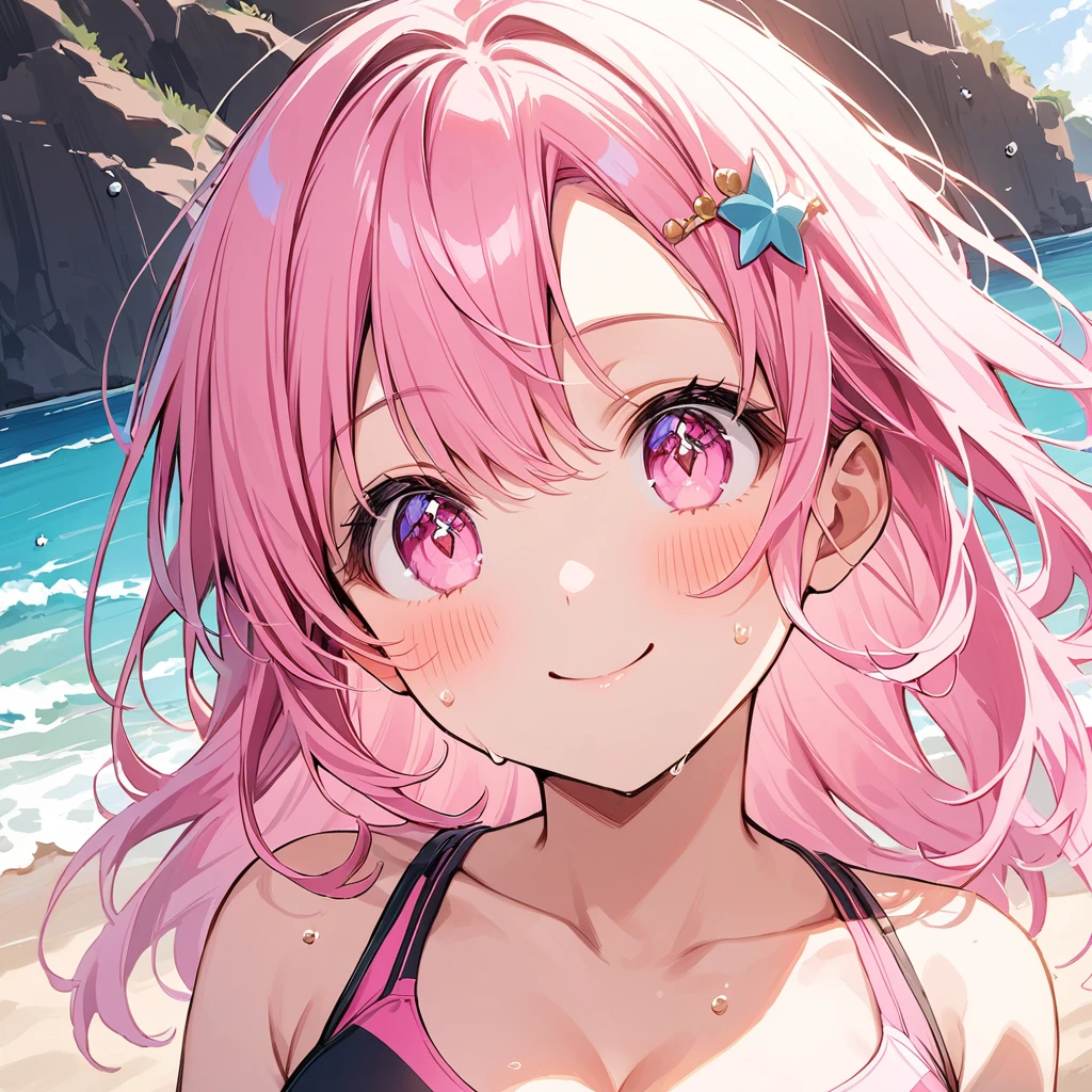 Sparkling Eyes(flying debris), (Highest quality), Very detailed, ((1 person)), Focus Only，dynamic，((smile))，Perfect Face, Beautiful Face, Very detailedな顔，(Pink long hair_Pink Eyes:1.3)，Swimwear，Idle only，Gorgeous hair ornament,smile，Large Breasts，Sandy Beach，Underarm、Sweat、look up，smile,alone, 1 personの, blush, 