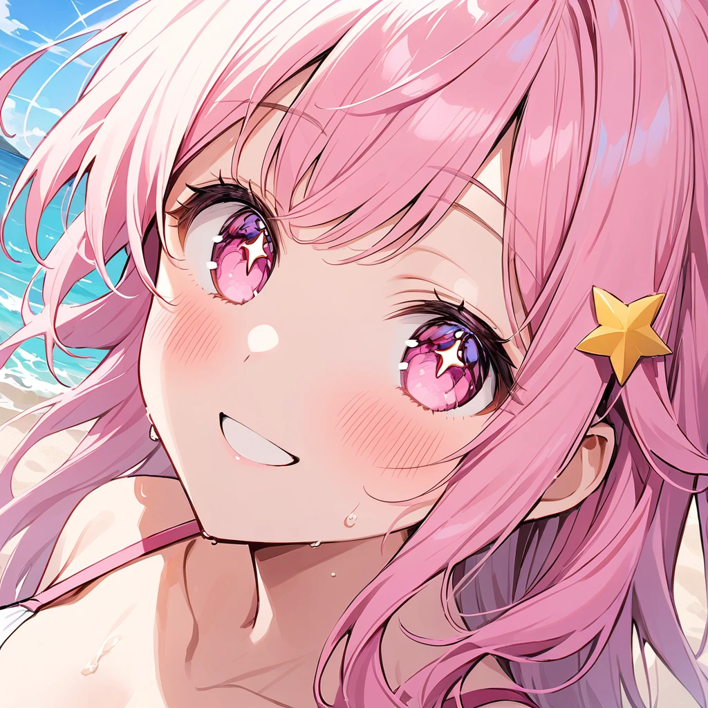 Sparkling Eyes(flying debris), (Highest quality), Very detailed, ((1 person)), Focus Only，dynamic，((smile))，Perfect Face, Beautiful Face, Very detailedな顔，(Pink long hair_Pink Eyes:1.3)，Swimwear，Idle only，Gorgeous hair ornament,smile，Large Breasts，Sandy Beach，Underarm、Sweat、look up，smile,alone, 1 personの, blush, 