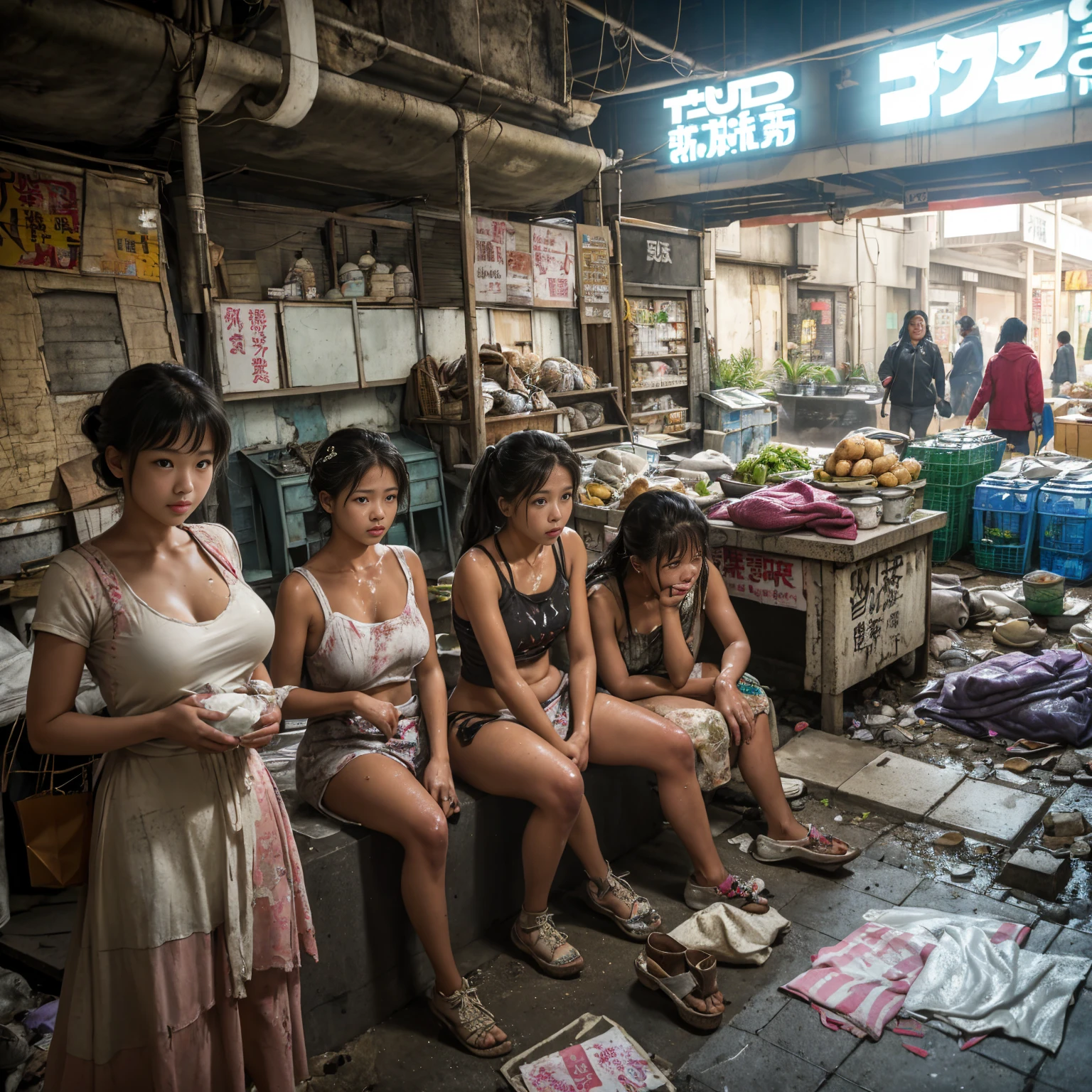 
((masterpiece、Highest quality))、Beautiful girls gather.、Girl in summer clothes、(Detailed and cute face:1.3)、(Poor conditions、Dim and unsanitary、Crumbling underground shopping mall、Showa Retro)、屋台のdiet店、stage、sewage、Dirty shop、street vendors、Unsanitary and abandoned city、smile、diet、Poor person々