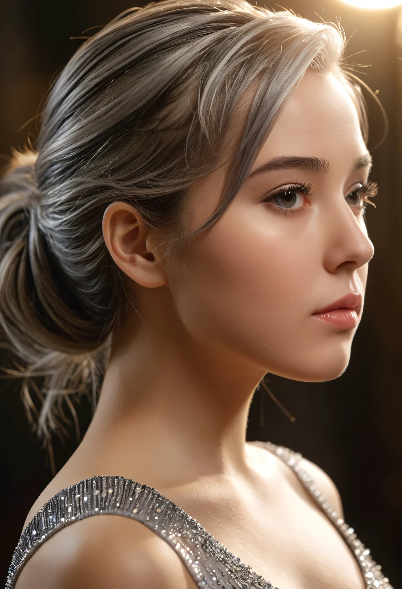 highly detailed, 8k, masterpiece, One person, Grey Two Tone_hair, dress , , (perfection_face), Brilliant, Complex, Dramatic lighting, 4K, detailed_background, Caustics, Portraiture, , from_~ side  