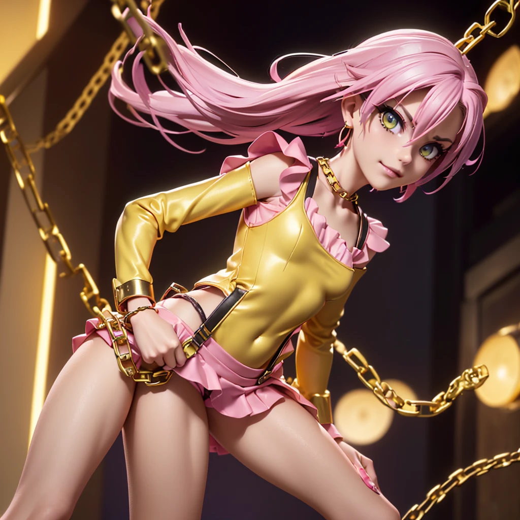 ((1 girl, standing alone , far away, Messy hair, hair green, yellow  eyes, hair covering one eye, Woman, (one hand on the hip) , dynamic pose, muscular female, gold bracelets, ruby earrings)), Fitness, ((standing alone)), (pink lipstick), extremely detaild, soft ambient lighting, 4K, perfects eyes, a perfect face, perfect lighting), ((metalhead Woman, Punk Girl, balance Woman, gazing at viewer, ((pink micro blouse with chains and a sensual neckline)),smug 20-year-old smile, mine Black leather jacket open with spikes and long sleeves with exposed shoulders, open tummy, latex pants highlighting her swollen pussy with lust, well drawn and well defined,  chains on clothes, chain belt in suspender style, high qualiy, 4K, High definition, bom detalhe, Small bust, balance,))
