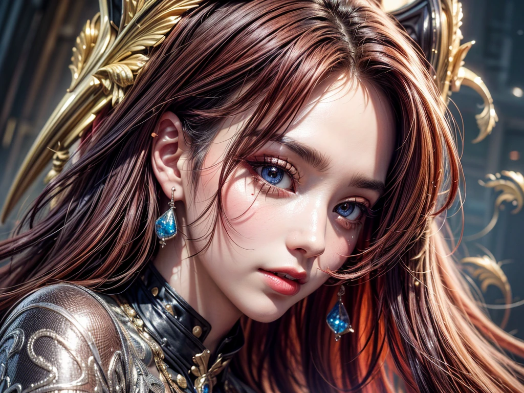 a portrait of vampire with a bloody tear coming down from he eye, an exotic beautiful female vampire, red hair color, dynamic hair style, ultra detailed face, best detailed face, silver eye color, ((1single red teardrop: 1.3)), ((tear drop made from blood)), ((teardrop coming down from the eye: 1.3)), small cleavage, wearing two black diamond earrings, Ultra-high resolution, High Contrast, (masterpiece:1.5), highest quality, Best aesthetics), 16K fantasy art, best details, best quality, highres, (ultra wide angle: 1.2), 16k, [ultra detailed], masterpiece, best quality, (extremely detailed),  Daily-Challenge, FANTASIA
