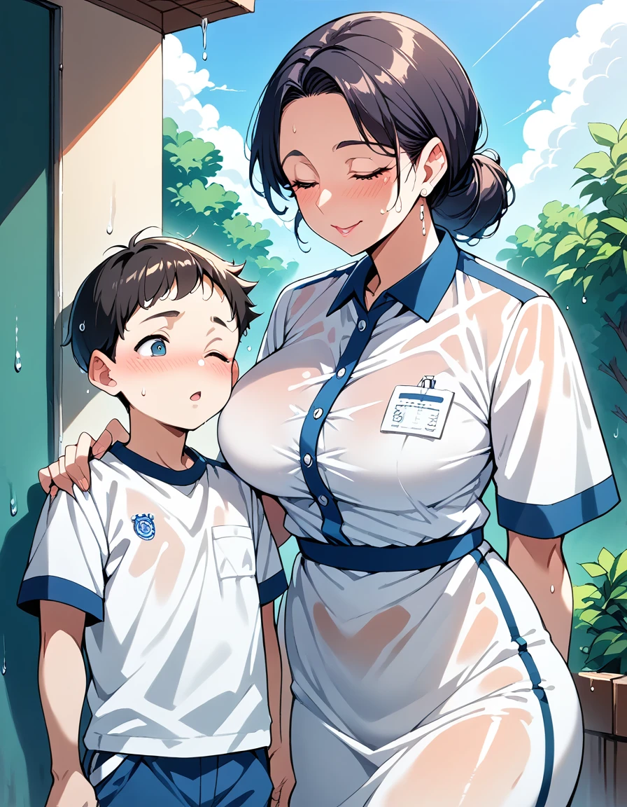 score_9, score_8_up, score_7_up, source_アニメ, 1boy, 1girl, mature female, mother and son, kid, Wet work uniform