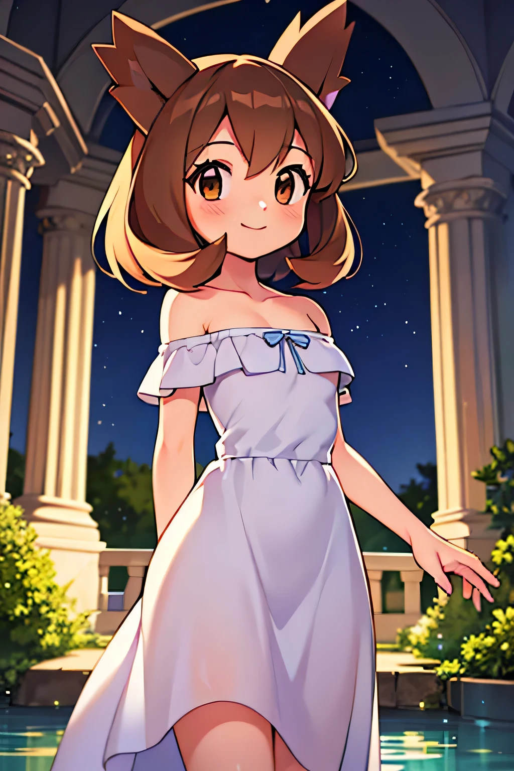 
masterpiece, best quality, ultra-detailed, illustration, beautiful detailed eyes, very detailed illustration, cinematic lighting, 1 girl, solo, Pokemon Heroes (Bianca), Brown Hair, brown eyes, 1 girl, solo, bare shoulders, strapless, off shoulders, ruffle off the shoulder top, white maxi dress, intricate details, sharp focus, high resolution, the background of beautiful garden with columns, on a beautiful night, full moon, smile, standing near a water pool on the bottom, arms behind back, anime style, ultra-detailed, hdr, far at the bottom, in the center, Close up