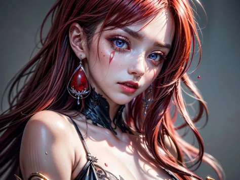 a portrait of vampire with a bloody tear coming down from he eye, an exotic beautiful female vampire, red hair color, dynamic ha...