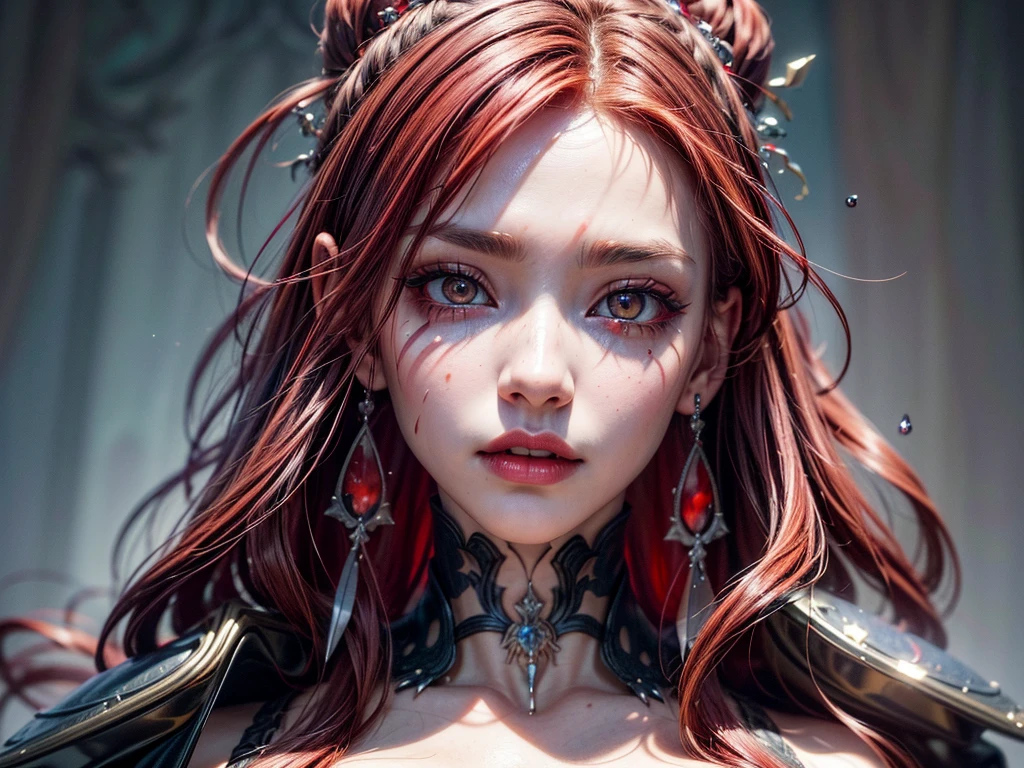 a portrait of vampire with a bloody tear coming down from he eye, an exotic beautiful female vampire, red hair color, dynamic hair style, ultra detailed face, best detailed face, silver eye color, ((1single red teardrop: 1.3)), ((tear drop made from blood)), ((teardrop coming down from the eye: 1.3)), small cleavage, wearing two black diamond earrings, Ultra-high resolution, High Contrast, (masterpiece:1.5), highest quality, Best aesthetics), 16K fantasy art, best details, best quality, highres, (ultra wide angle: 1.2), 16k, [ultra detailed], masterpiece, best quality, (extremely detailed),  Daily-Challenge, FANTASIA
