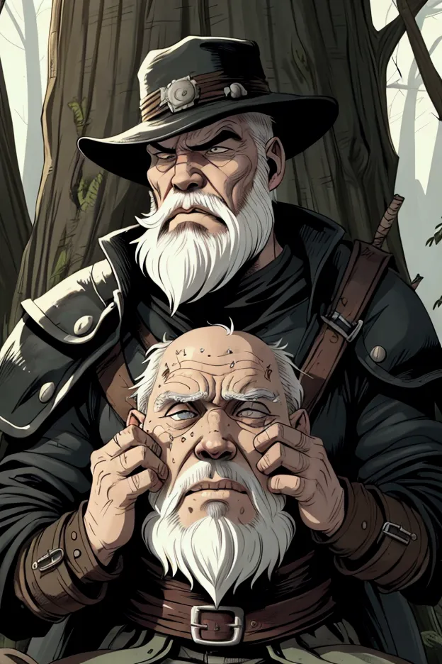 create an image, rpg, few colors, retro, of an old man, captain, vicious, furiosa, black hat, white bearded, killing a poor, wea...