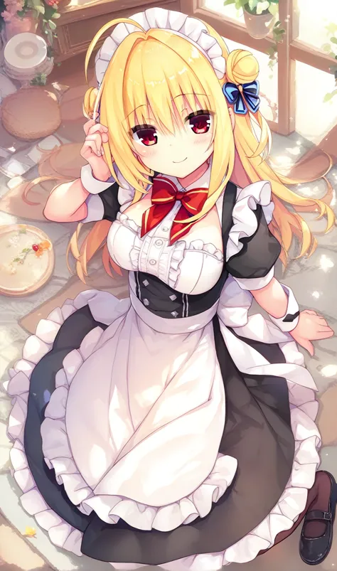 hiyori-default,red eyes,blonde hair, double bun,ahoge,maid,maid costume,maid_headdress,bowtie,black_pantyhose,smiling,full_body