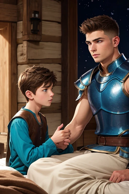 Photo-realistic. A pleased, 16-year-old, handsome, muscular Caucasian man with fade-cut, brown hair, and blue eyes, wearing shabby, sleeveless, leather armor, with metal shoulder guards, boasting, as he tells a dramatic story to a 15-year-old, lean, Caucasian peasant man, with short, brown hair, and blue eyes, in a blue and green tunic, listening in wonder, sitting next to each other on a simple bed, in a rustic inn room, at night.