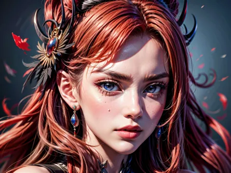 a portrait of vampire with a bloody tear coming down from he eye, an exotic beautiful female vampire, red hair color, dynamic ha...