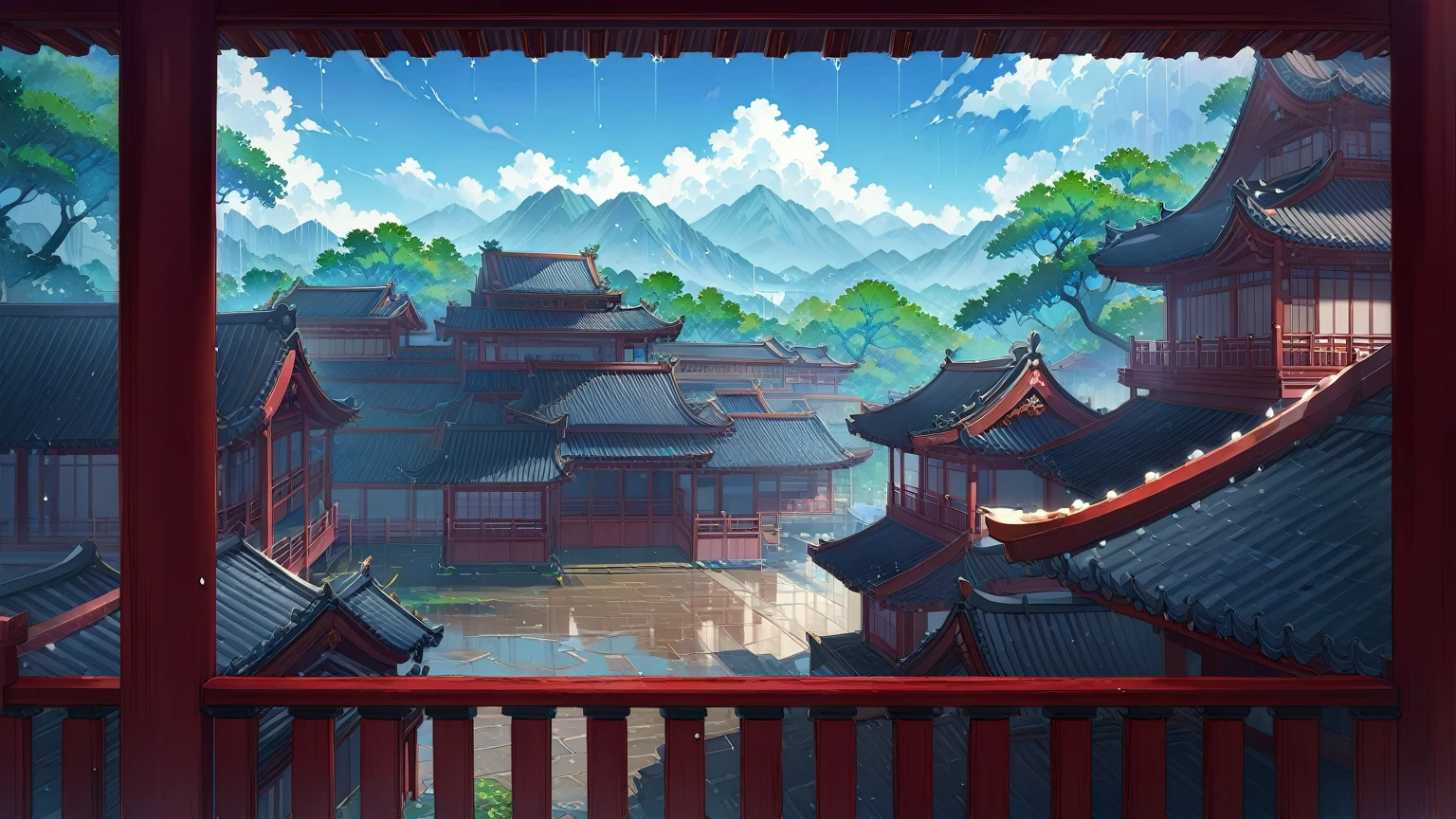 A view of a courtyard，with many buildings and trees, anime background technology, Anime Background, Anime Landscape concept art, background technology,  Anime Landscape, beautiful Anime Landscape, rain，pavilion，antique，Chinese，sandalwood，cloudy day，Clouds，upstairs，stream，is surrounded by beautiful mountains and clear water.