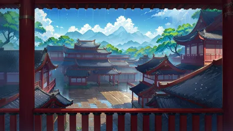 a view of a courtyard，with many buildings and trees, anime background technology, anime background, anime landscape concept art,...