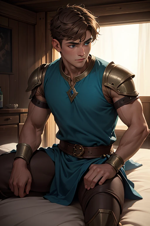 Photo-realistic. A pleased, 16-year-old, handsome, muscular Caucasian man with fade-cut, brown hair, and blue eyes, wearing shabby, sleeveless, leather armor, with metal shoulder guards, boasting, as he tells a dramatic story to a 15-year-old, lean, Caucasian peasant man, with short, brown hair, and blue eyes, in a blue and green tunic, listening in wonder, sitting next to each other on a simple bed, in a rustic inn room, at night.